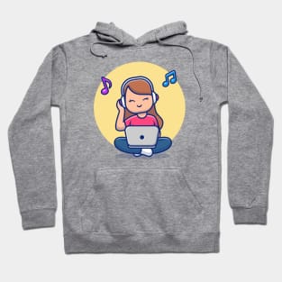 Girl Listening Music With Headphone And Laptop Hoodie